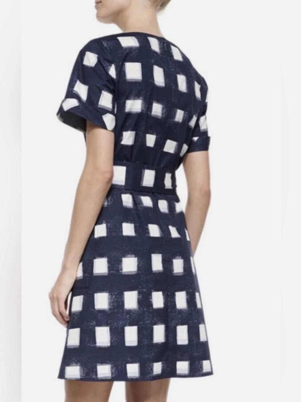 Tory Burch Navy and White Square-Print Short Sleeve Belted Dress Size 12